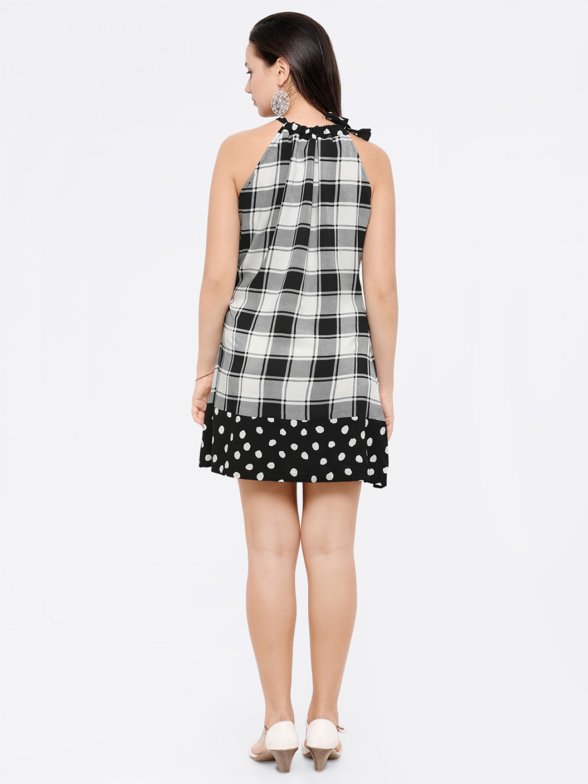 Black & White Checks Neck Tie Knot Bottom Polkadots Flair Dress